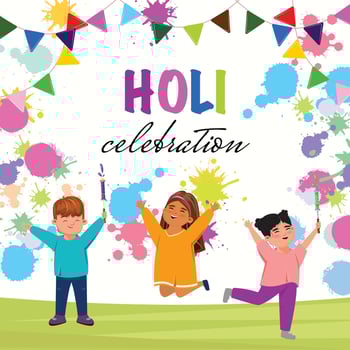 Colorful Holi celebration illustration with kids playing, jumping, and enjoying with pichkaris and bright powders vector