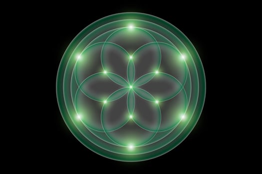 Green Flower of life, lotus icon, logo mandala sacred geometry, bright neon sign, symbol of harmony and balance. Mystical seed of life, circles lines isolated on black background vector