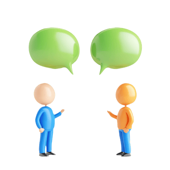 3d icon Two people glossy white Person faceless figures wearing blue pants conversing, light blue speech bubbles against transparent backdrop png