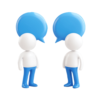 3d icon Two people glossy white Person faceless figures wearing blue conversing, holding light blue speech bubbles against transparent backdrop png