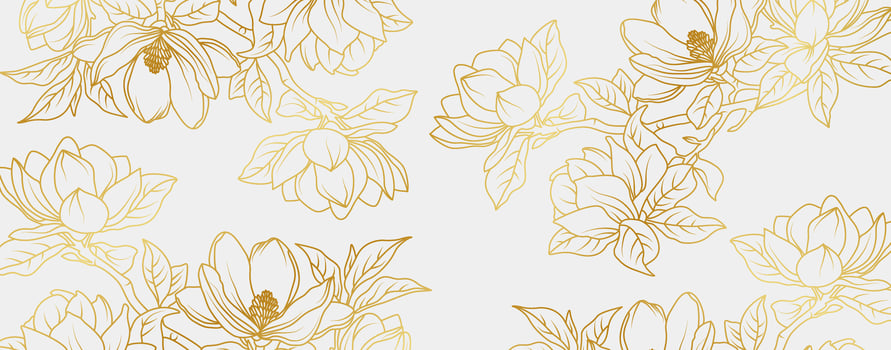 Luxury gold magnolia flowers backgrounds, floral pattern tropical in line art style for greeting, invitation, wedding card, wallpaper and print illustration vector