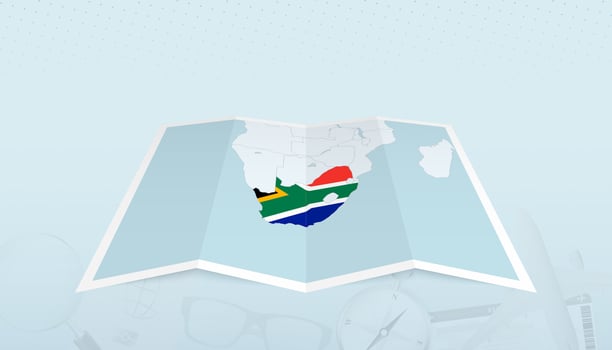 Map of South Africa with the flag of South Africa in the contour of the map on a trip abstract backdrop. vector