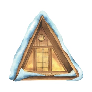 Triangular wooden houses for outdoor recreation A-frame with burning light in windows, cozy with snowy roofs. Watercolor winter illustration hand drawn. Separate element isolated from background. vector