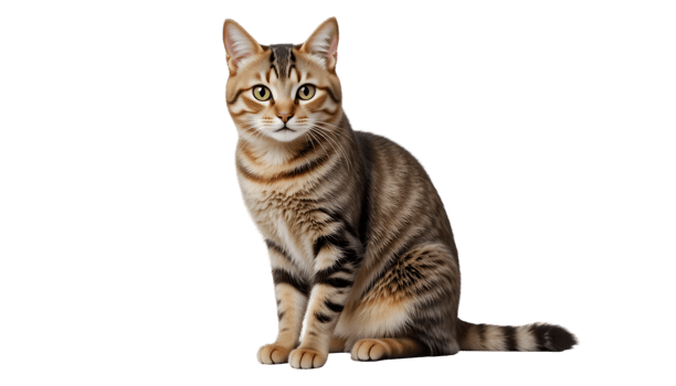 Classic tabby cat sitting upright one paw raised facing camera transparent background. png