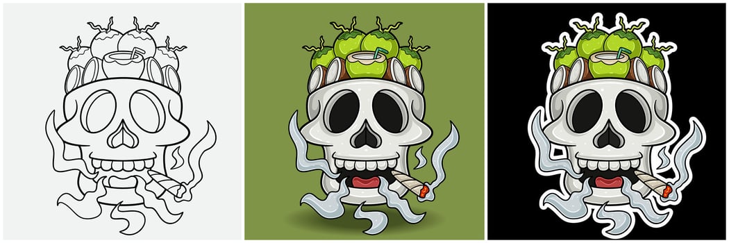Coconut Fruit Inside Skull Head With Smoking Character Cartoon. Black White, Colorful and Sticker Style vector