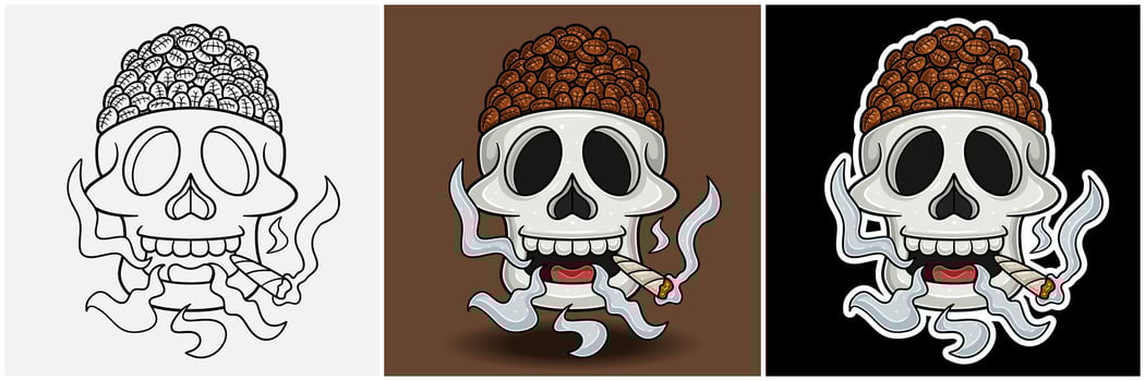 Coffee Bean Inside Skull Head With Smoking Character Cartoon. Black White, Colorful and Sticker Style. vector