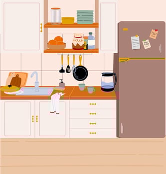 Modern kitchen interior. Kitchen shelves, sink, refrigerator, kitchen utensils vector