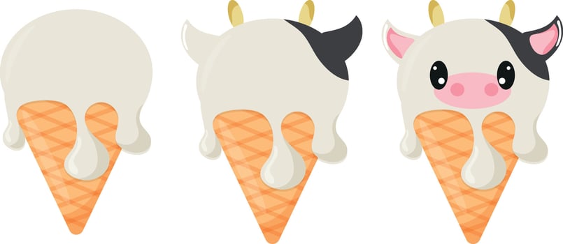 set of cones with white ice cream and animal print, namely cow face and waffle cone, for design, packaging or advertising vector
