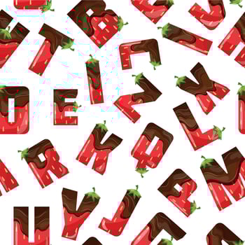 original alphabet with strawberry design with melted dark chocolate and green strawberry tail, for designs, posters or banners vector