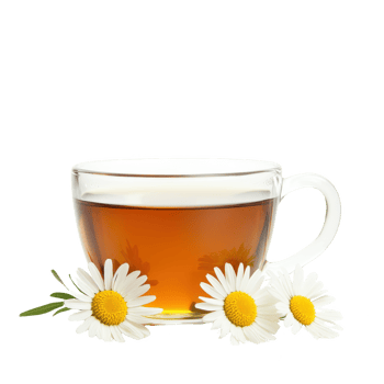 A clear cup of chamomile tea surrounded by fresh daisies, perfect for a calming moment. png