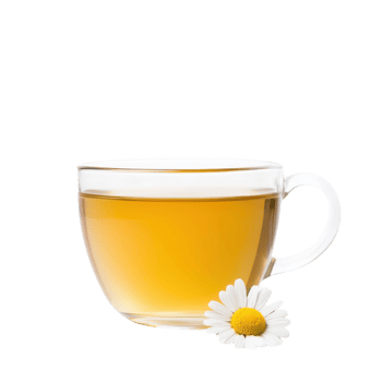 A clear glass cup filled with chamomile tea, accompanied by a fresh daisy flower. png