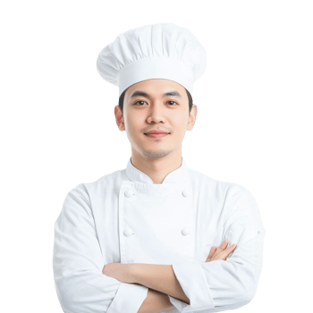 A confident chef smiling, wearing a white uniform and chef hat, arms crossed, ready to create delicious dishes. png
