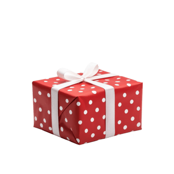 A festive gift box wrapped in red polka-dot paper, showcasing a white ribbon, ideal for celebrations and special occasions. png