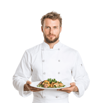 A professional chef presenting a delicious dish on a white plate, wearing a traditional chef uniform, isolated on a white background. png