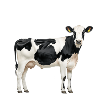 A cute black and white cow standing prominently against a white isolated background. png