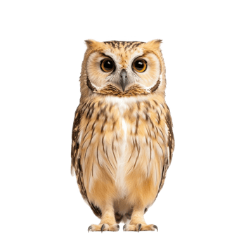 A majestic owl with striking eyes and intricate feathers, standing proud against a white isolated background. png