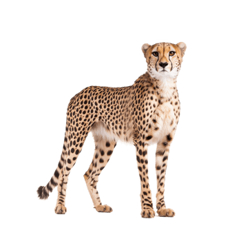 A majestic cheetah standing poised on a white isolated background, showcasing its distinctive spots and elegance. png