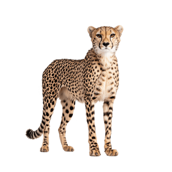 A majestic cheetah stands gracefully against a white background, showcasing its unique spots and strong physique. png