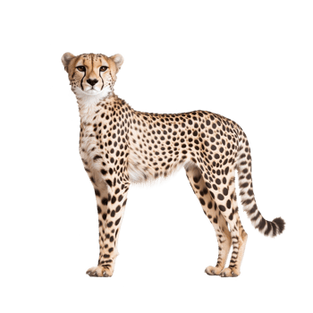 A graceful cheetah stands elegantly, showcasing its distinctive spots and slender body against a white isolated background. png