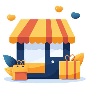 Colorful shop front illustration with gifts and vibrant foliage, ideal for retail and small business themes. png