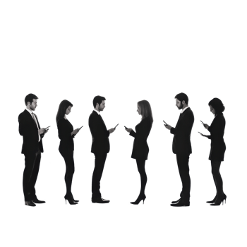 Business people standing in a line, looking at their smartphones, isolated on a white background. png