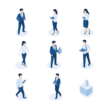Business people standing in various poses, isolated on a white background. png