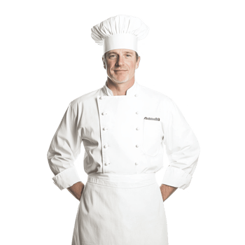 Chef in a white uniform and hat, posing confidently with hands on hips, isolated on a white background. png