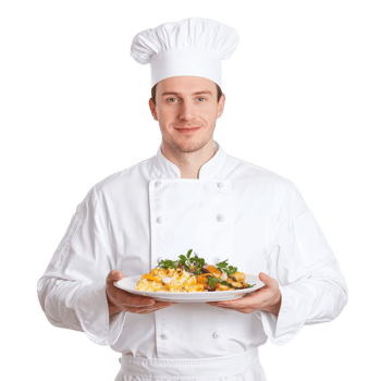 Chef presenting a delectable dish, wearing a traditional white uniform and hat on a white isolated background. png