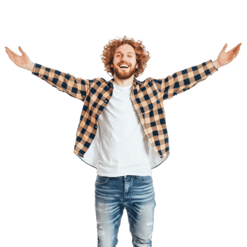 Happy man celebrating with open arms, wearing plaid shirt and jeans, joyful expression. png