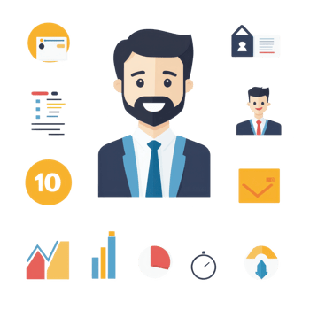 Professional businessman with icons representing finance, teamwork, and growth, on a white isolated background. png