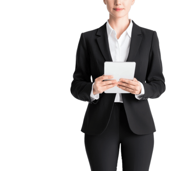 Professional woman in black suit holding tablet, isolated on white background. png