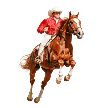 Cowboy riding a brown horse, captured mid-jump, showcasing strength and agility in an exciting rodeo scene. png