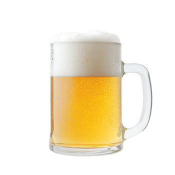 Delicious frothy beer in a glass mug, showcasing the golden color and bright bubbles. png