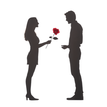 Silhouettes of a couple exchanging a rose, symbolizing love and romance on a white isolated background. png