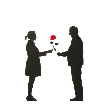 Silhouette of a couple exchanging a rose, symbolizing love and romance, isolated on a white background. png