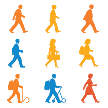 Set of colorful walking figures in various poses on a white isolate background. png