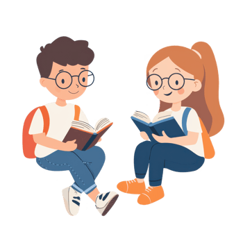 Two children reading books together happily on a white background. png