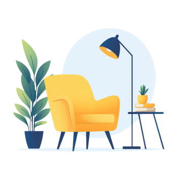 Stylish living room setup with a yellow chair, table lamp, and potted plants, creating a cozy and modern atmosphere. png
