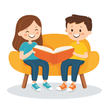Two children happily reading a book on a cozy sofa, bright and cheerful atmosphere. png