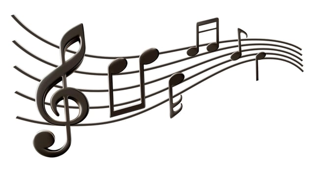 Music sheet elements for melody recording. Treble clef and notes icons. Classic decoration for festival poster. Wavy lines swirl as melody flow. Symbol denote musical sound. Realistic 3d design vector
