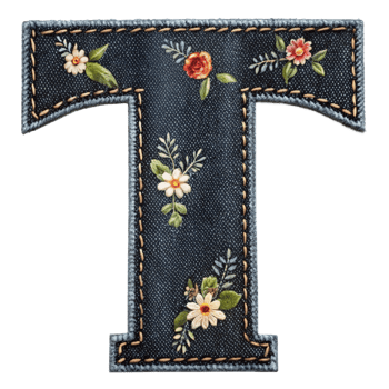 The letter t is embroidered with flowers and leaves png