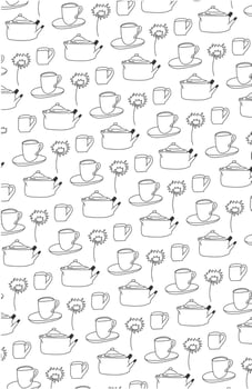 Repeated Mug, cup,tea kettle daisy flower line art black white pattern. Fabric textile wrapping paper vector