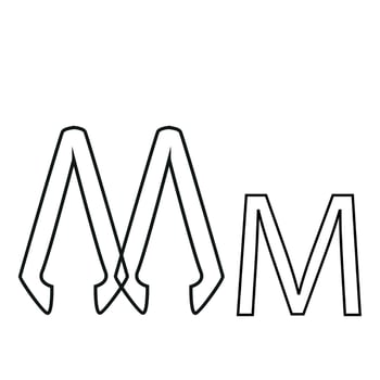 letter design in the form of two medical tweezers folded in the shape of the letter M, drawn in line art style vector