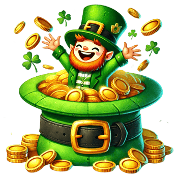 A cheerful leprechaun overflowing with gold coins and luck. png