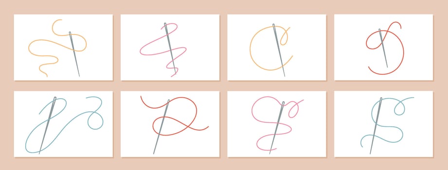 Needles threading colorful threads set in different curvy patterns. Cute illustration with needle and thread for sewing, needlework, and embroidery projects. Tailor tools for handmade craft designs. vector