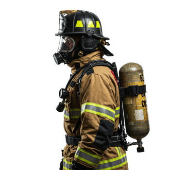 Firefighter responding to emergency urban rescue scene action photography high-stress environment side view heroism in action png