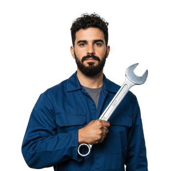 Skilled mechanic holding wrench in workshop industrial environment portrait focused expression png