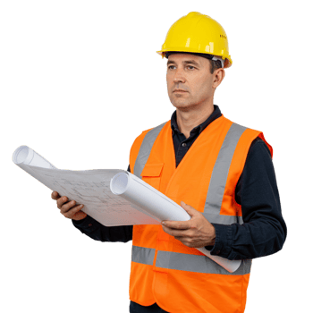 Construction safety planning site manager reviewing blueprints construction site professional environment close-up view project management png