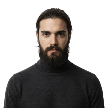 Stylish young man in turtleneck sweater studio environment portrait photography modern aesthetic close-up view fashion statement png