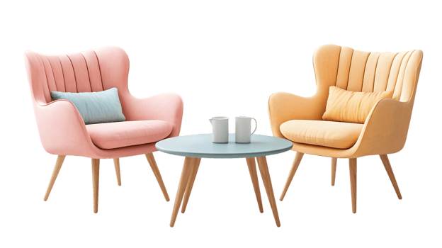 Pastel Pink and Yellow Armchairs with Gray Table and White Mugs png